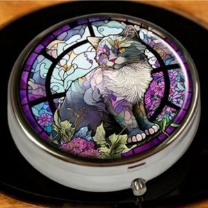 Gray Tuxedo Cat Pill Box Purple Floral Mosaic Travel Case Medicine Organizer Tin